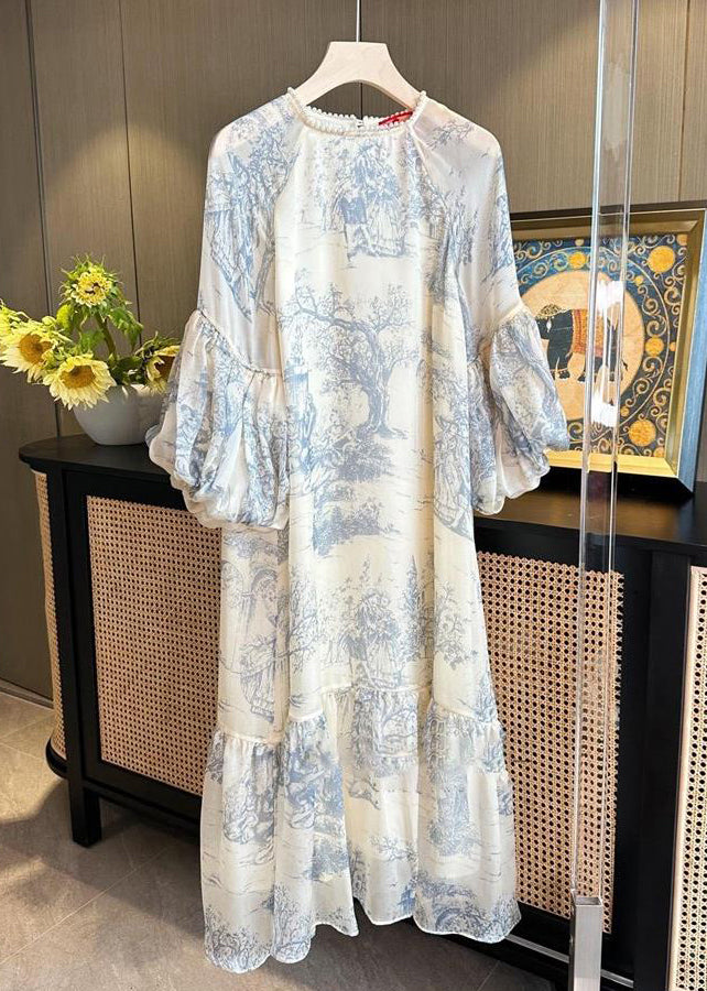 Toile Print Pearl Trim Crew Neck Balloon Sleeve Tiered Midi Dress