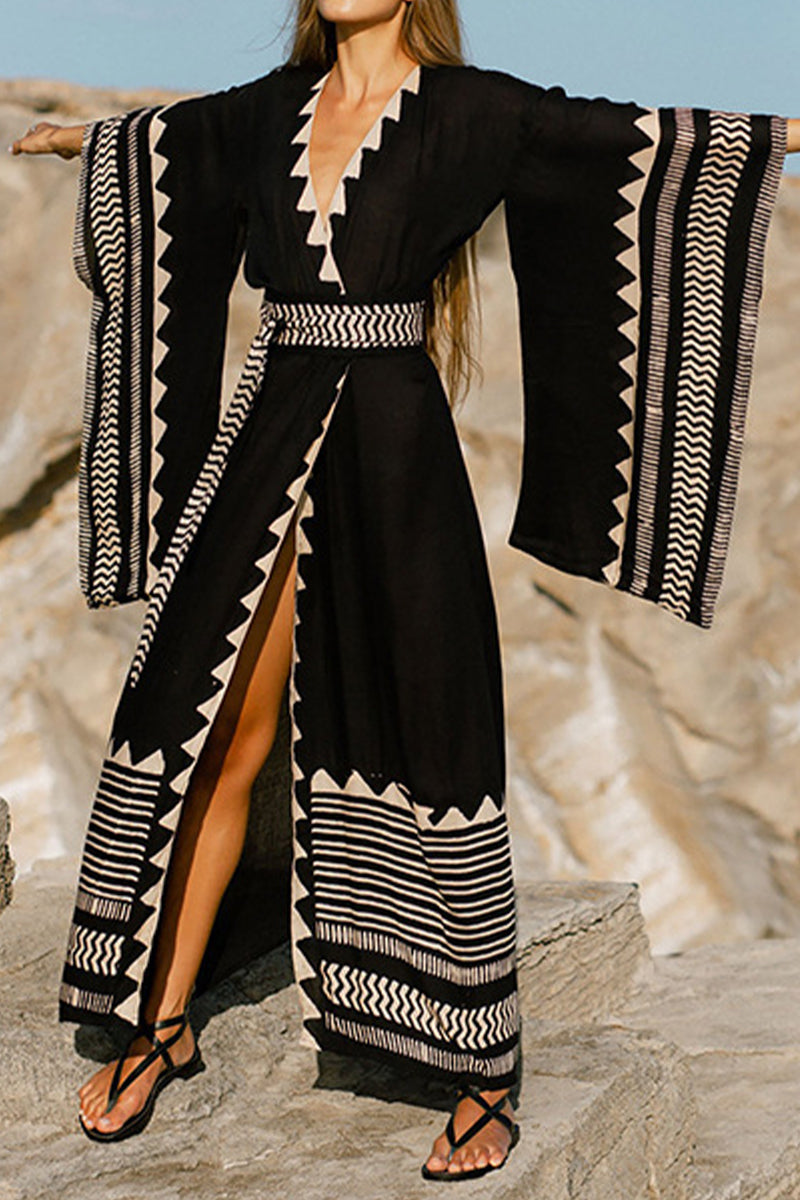 Bohemian-print Slit High-waist Wrap Beach Cover up - Fashionpara