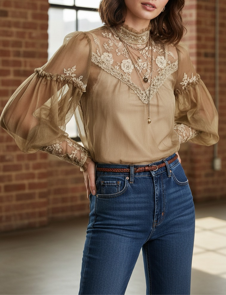 Sheer Lace-Trim Embroidered Puff Sleeves Blouse - Fashionpara