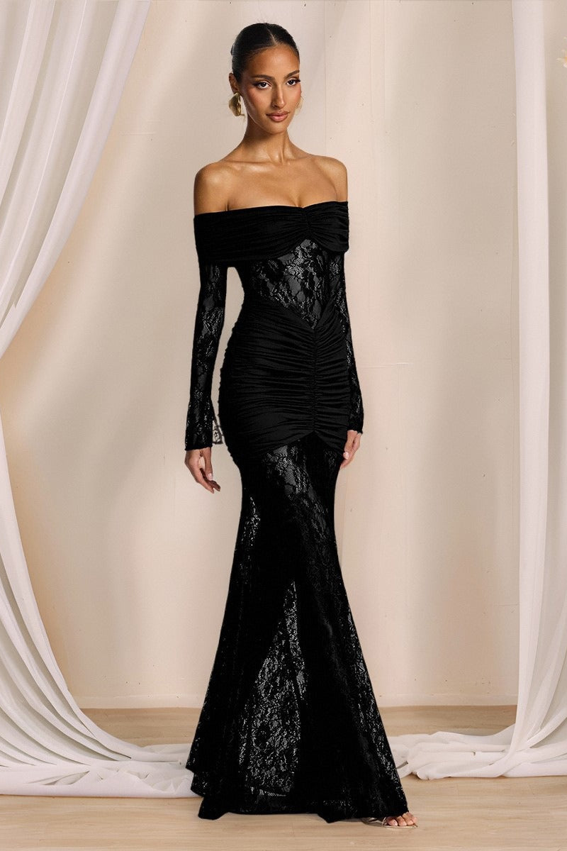 Lace Off Shoulder Long Sleeve Ruched Mermaid Gown - View 3