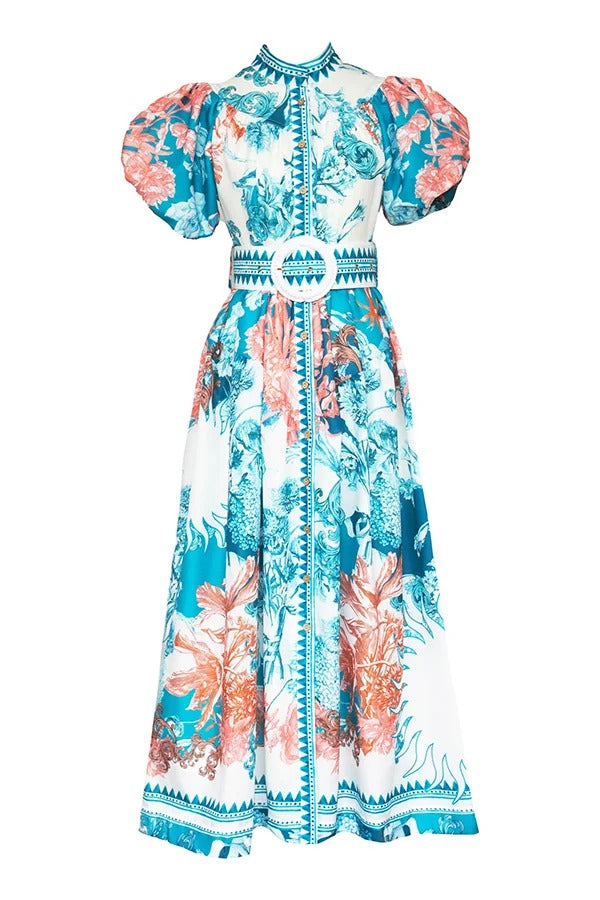 Unique Print Puff Sleeve Button Belt Casual Maxi Dress - Fashionpara