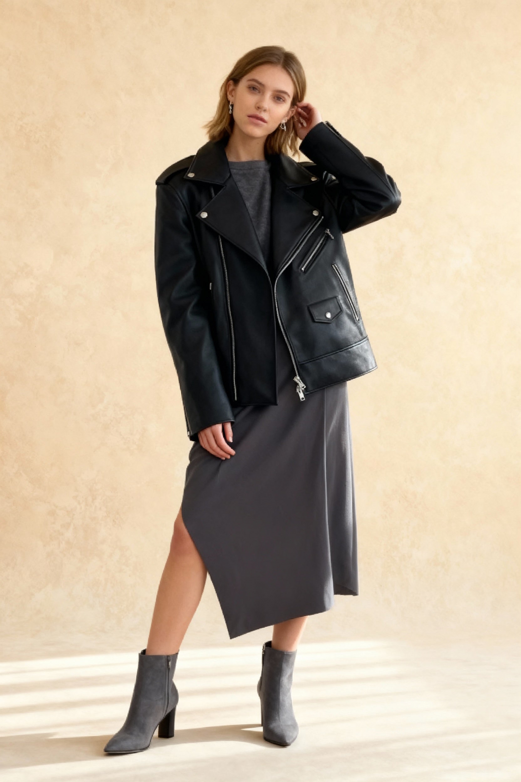 Black Zippers Oversized Leather Coat - Fashionpara