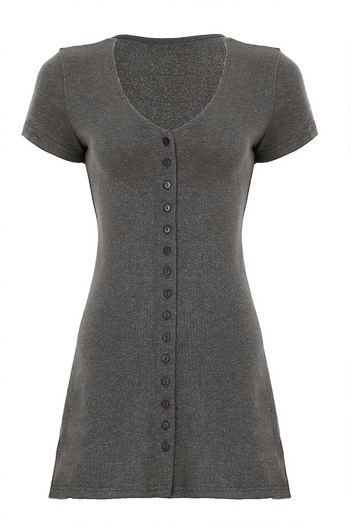 Knit Button Front Short Sleeve Deep V-Neck Mini Dress 8