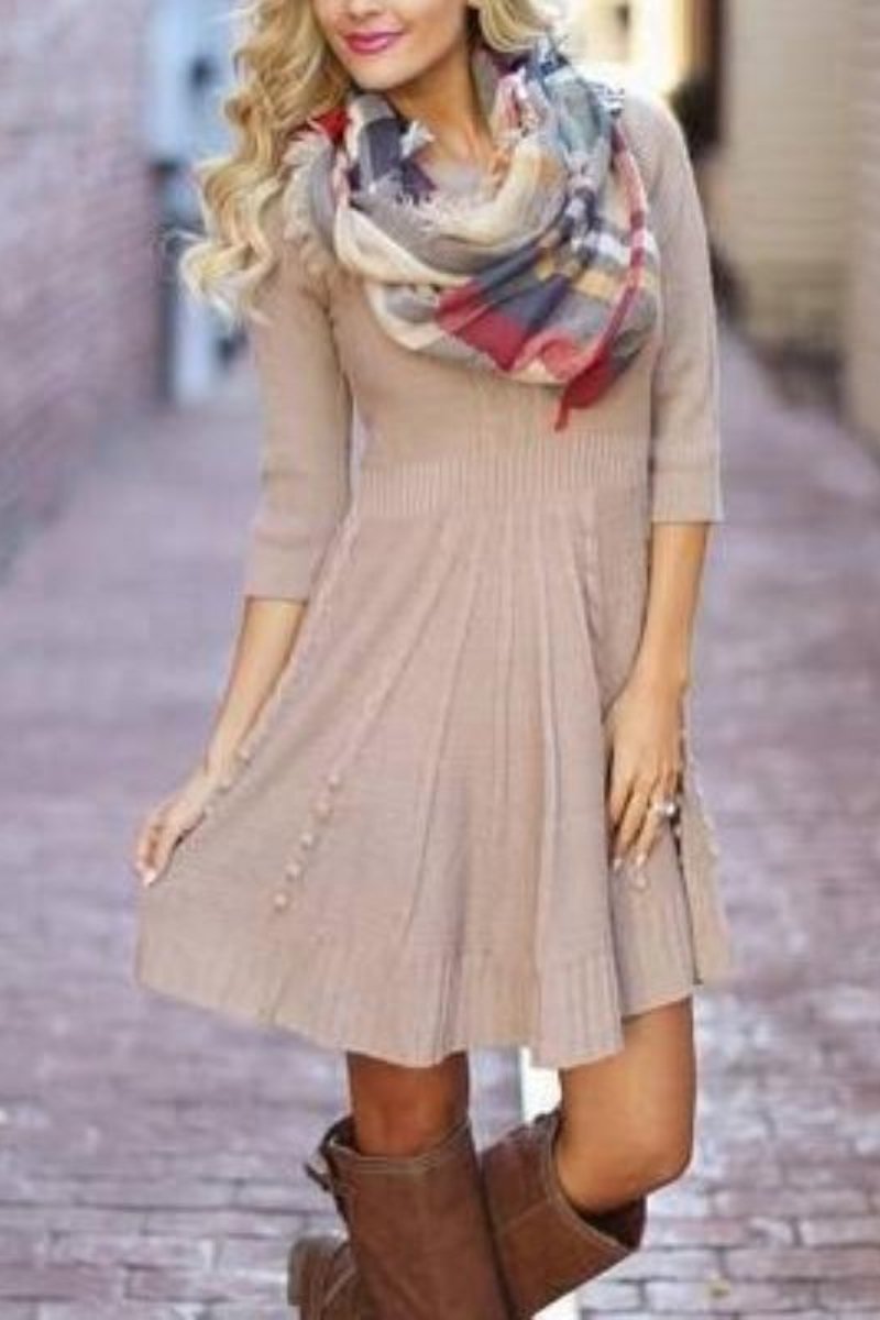 Solid Cable-knit Round Neck Casual 7-sleeve Sweater Dress
