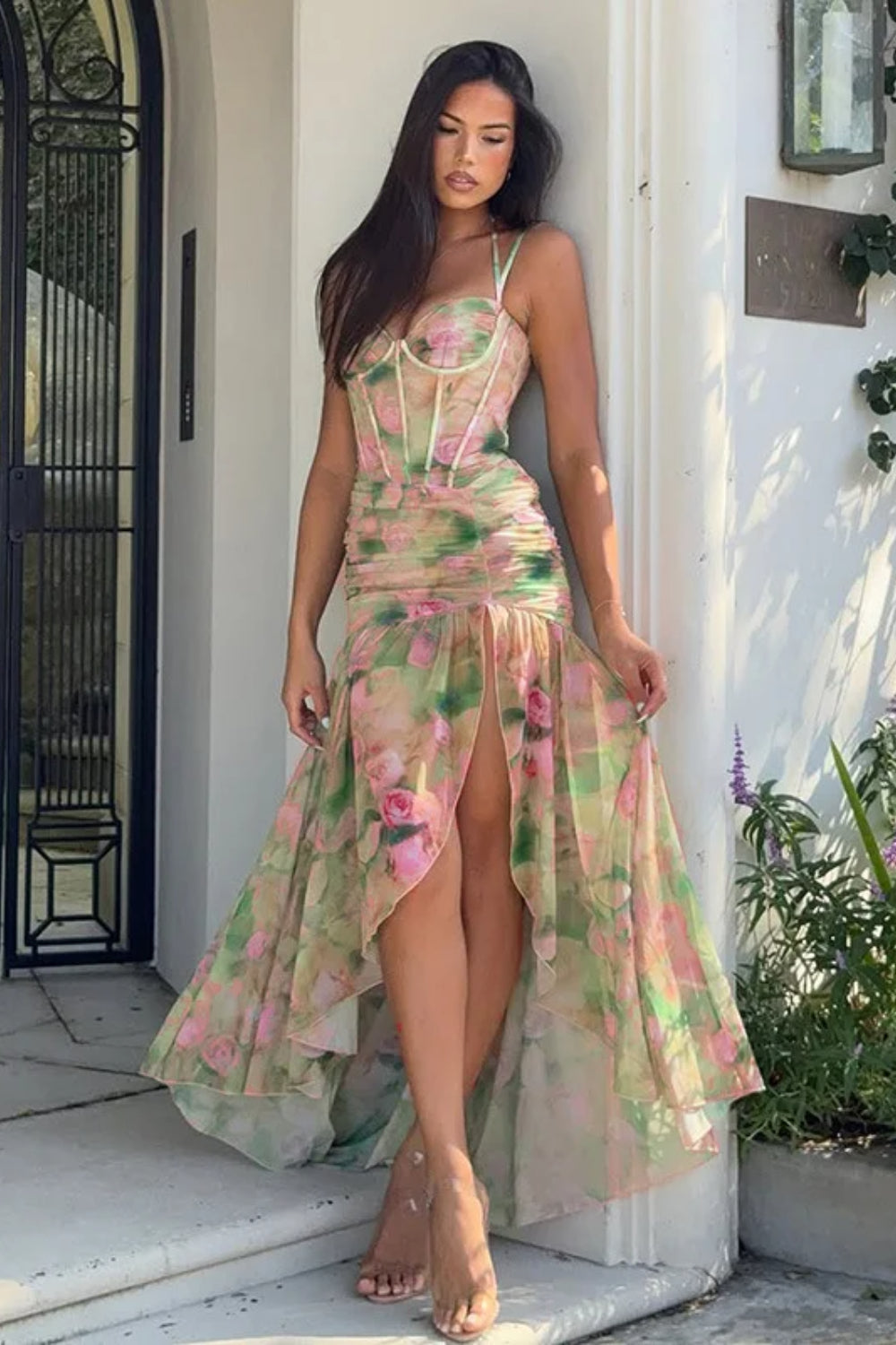 Silk Floral Ruched Slit Spaghetti Maxi Dress