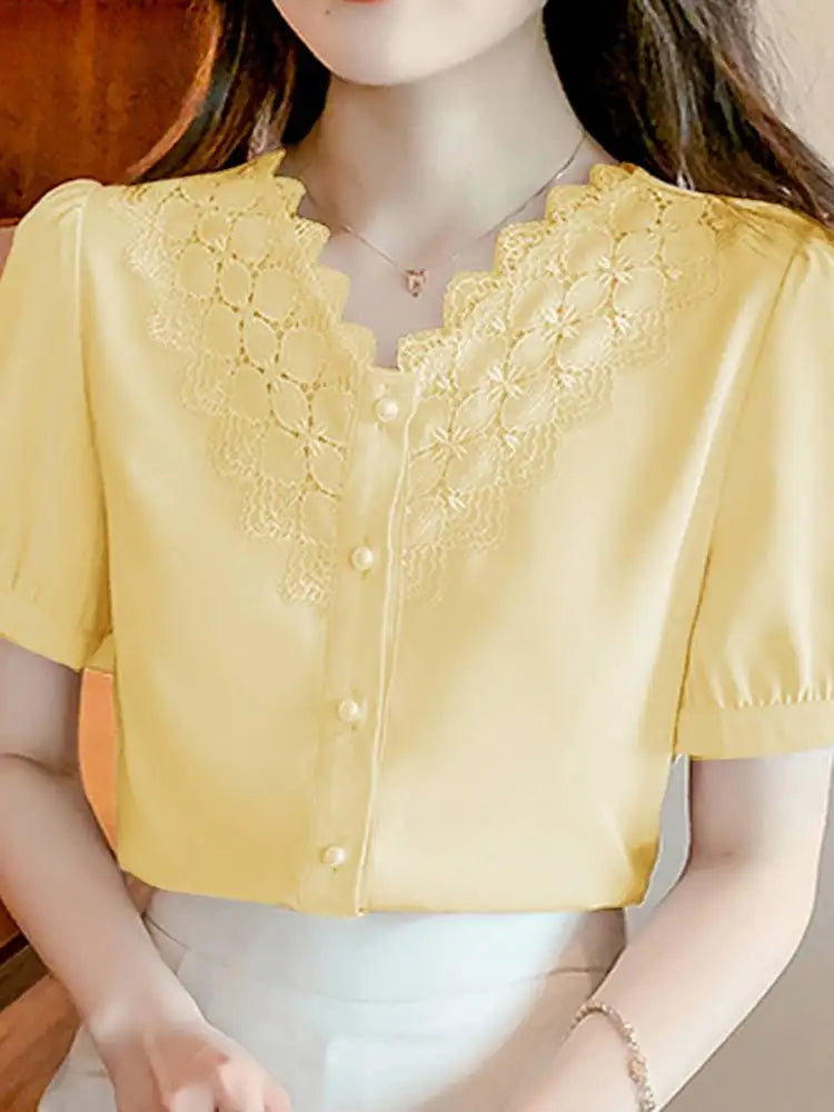 Solid Color V Neck Short Sleeve Office Blouse