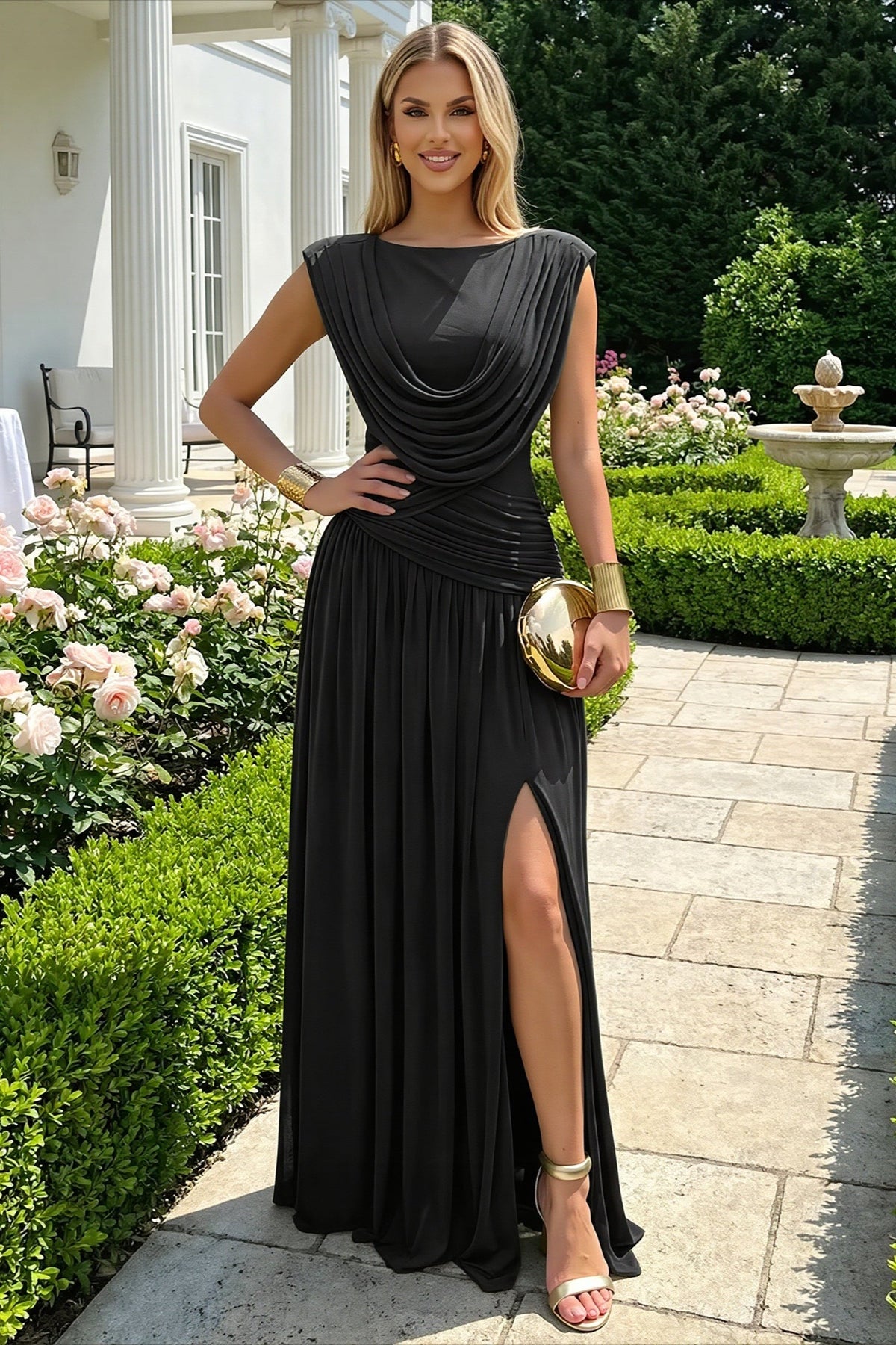 Draped Cowl Boat-Neck High-Slit Jersey Maxi Gown