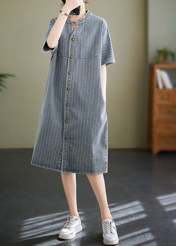 Striped Denim Mandarin Collar Button Down Short Sleeve Shirt Dress - View 2