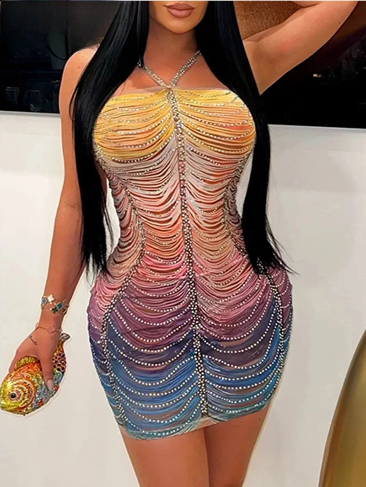 Halter Neck Rhinestone Fringe Bodycon Mini Dress