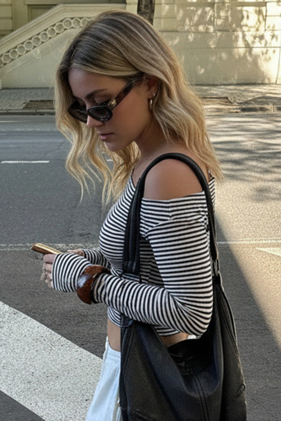 Color Block Striped Asymmetric Shoulder Fitted Blouse