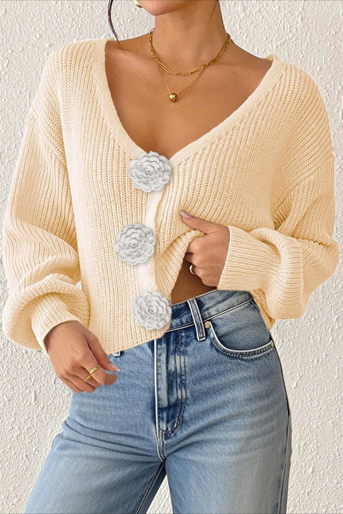 Button Front Crochet Knit Crop Sweater 34
