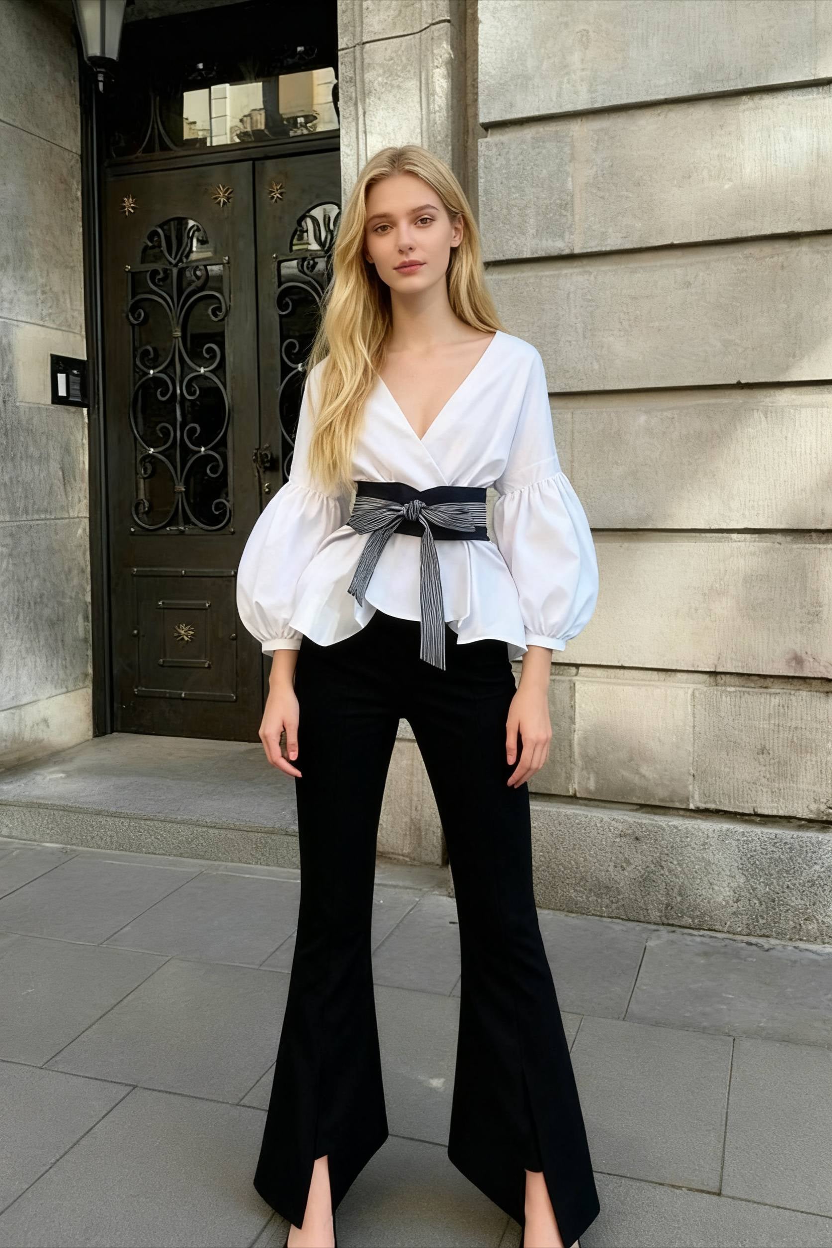 Spring Women's Bow Pants Lantern Flare Black + Striped Split Warm-Season Blouse Arm Arm Set - Fashionpara