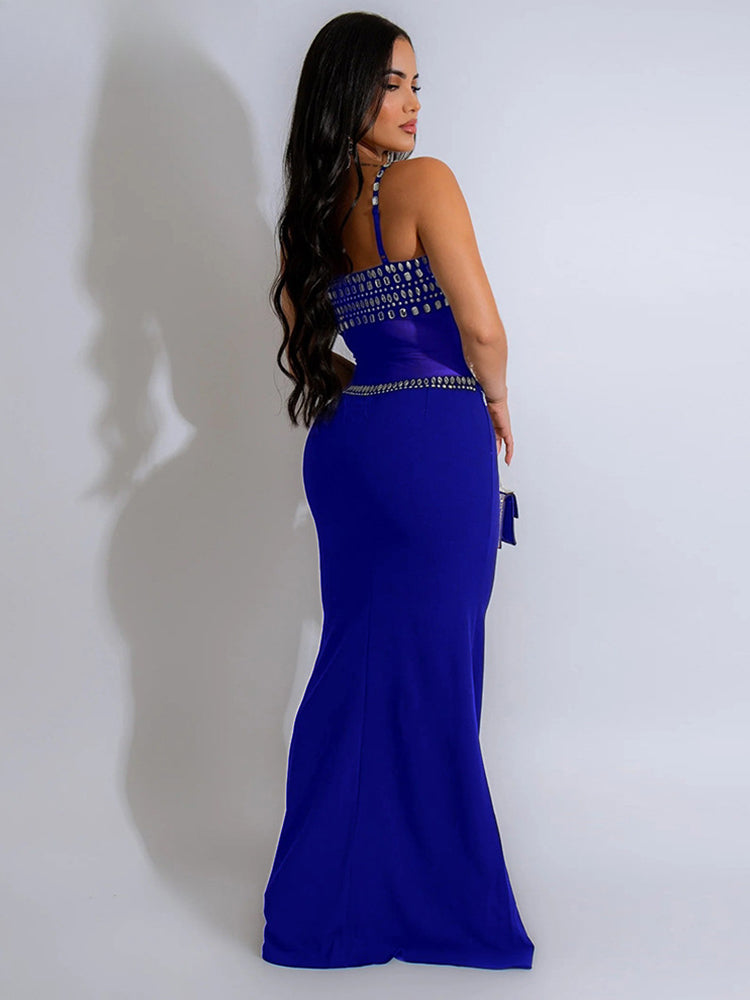 Rhinestone Spaghetti Strap Cut Out Mermaid Gown 4
