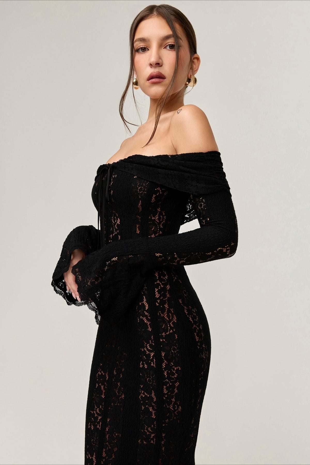 Lace Off Shoulder Long Sleeve Corset Midi Dress