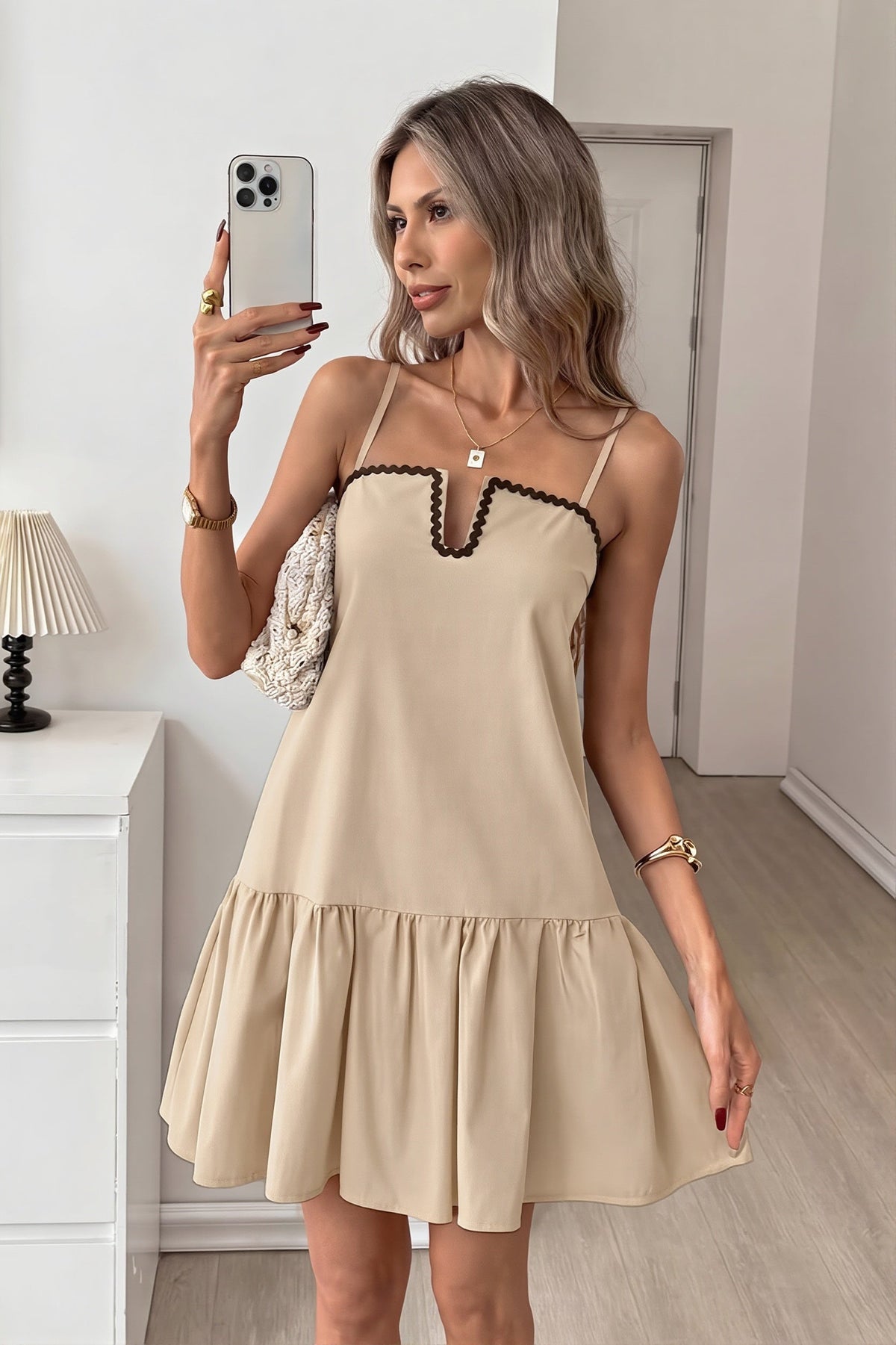 Notch Neck Ric Rac Trim Ruffle Hem Mini Dress 2