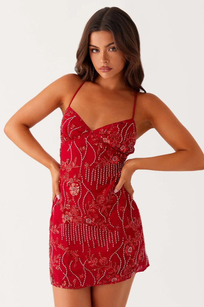 Floral Beaded V-Neck Spaghetti Strap Bodycon Mini Dress