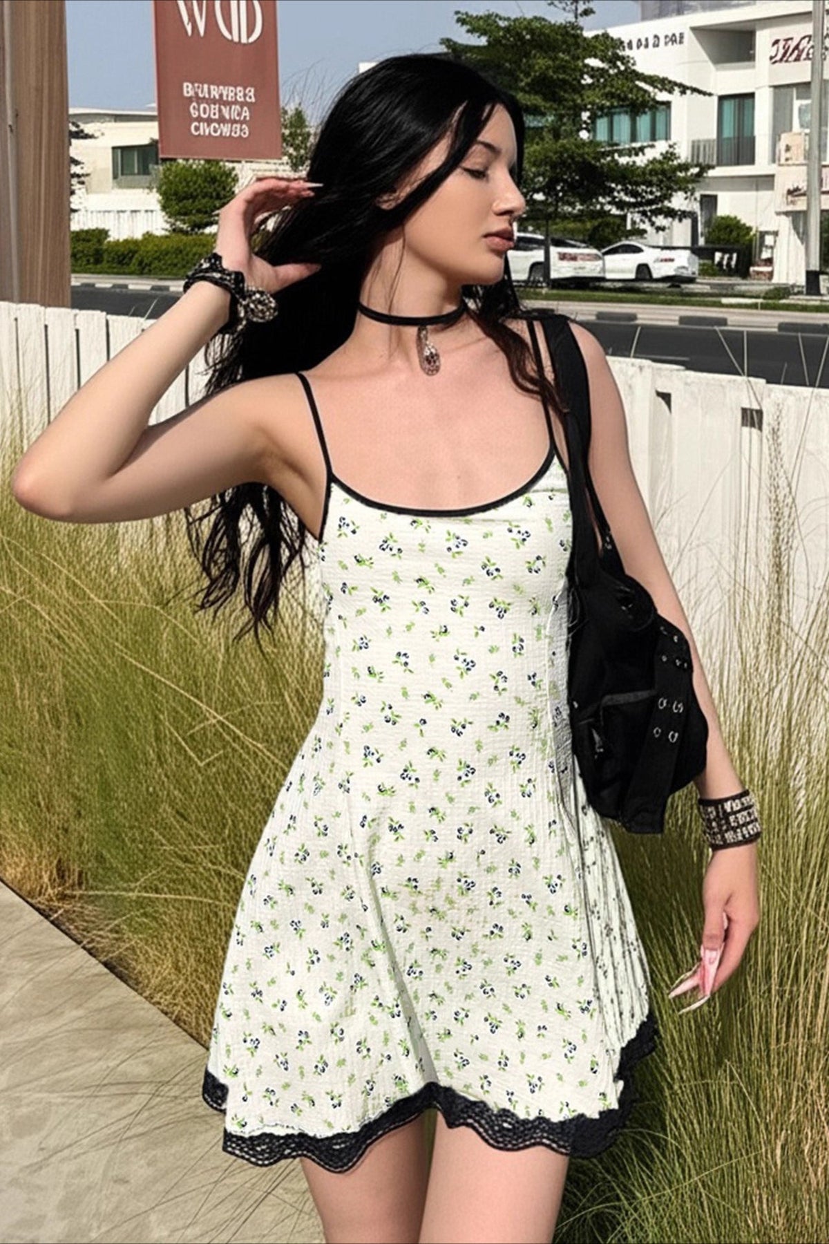 Ditsy Floral Lace-Trim Spaghetti Strap Mini Dress