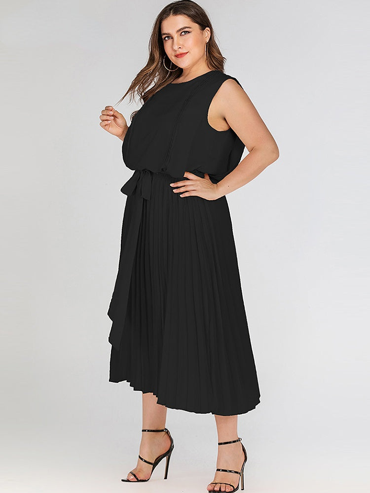 Round Neck Bow Loose Pleated Casual Dresses 2