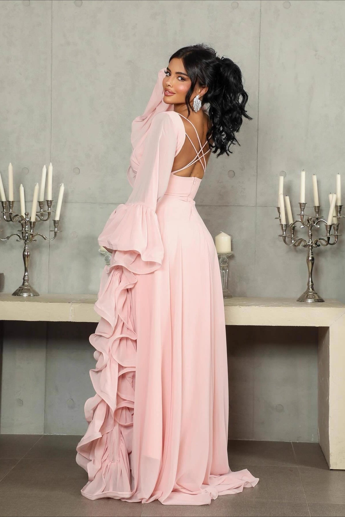 Chiffon Boat Neck Long Sleeve Ruffle Maxi Prom Dress - View 3
