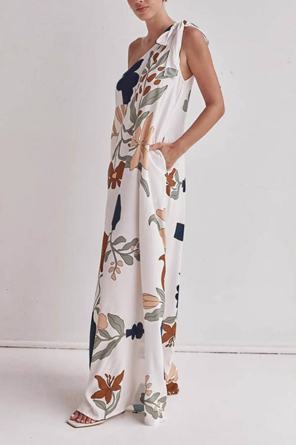 Matches The Vacation Unique Print One Shoulder Tie-up Pocketed Loose Maxi Dress - Fashionpara