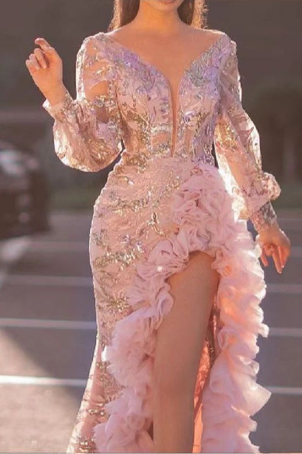 Sequin Embroidered Deep V-Neck Long Sleeve High Split Maxi Gown - View 3
