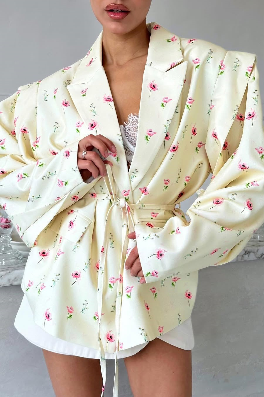 Long Sleeve Printed Waist Tie Blazer