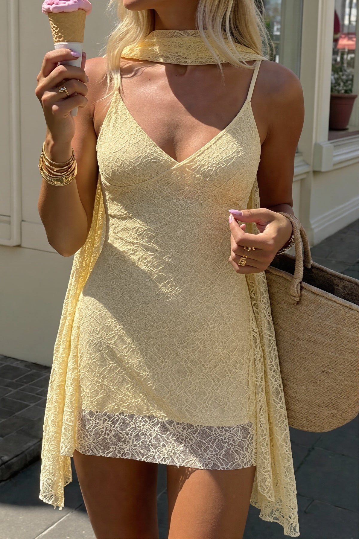 Lace V-Neck Handkerchief Hem Slip Mini Dress