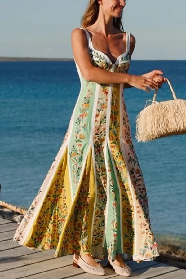 Sweet Garden Linen Blend Color Block Floral Paneled Maxi Dress - Fashionpara