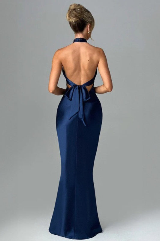 Satin Backless Tie Sleeveless Chic Elegant Formal Dress