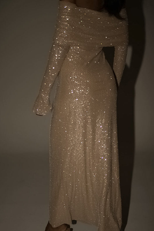 Rhinestone Off Shoulder Long Sleeve Bodycon Dress 8