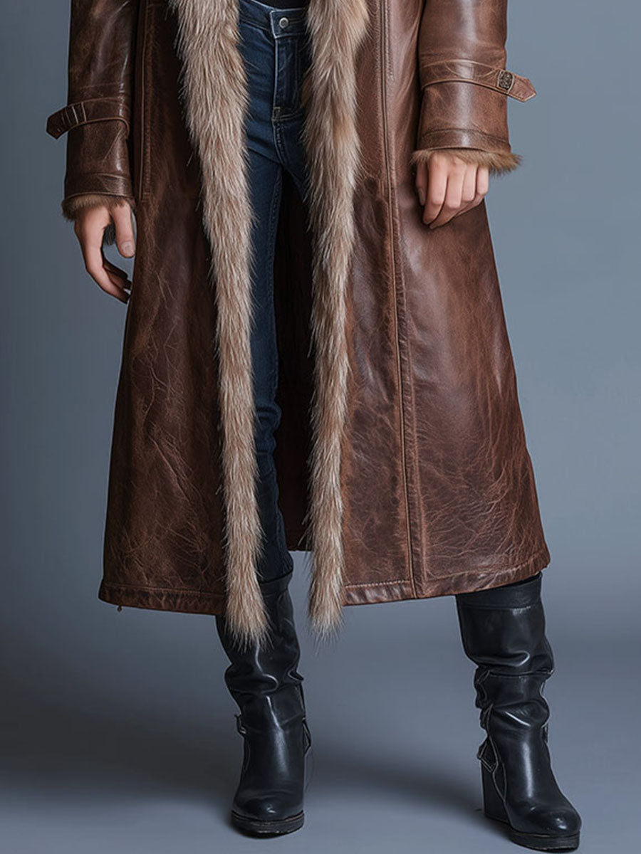 Vintage Brown Long Eco Leather Trench Coat WithEco Fur Collar - Fashionpara
