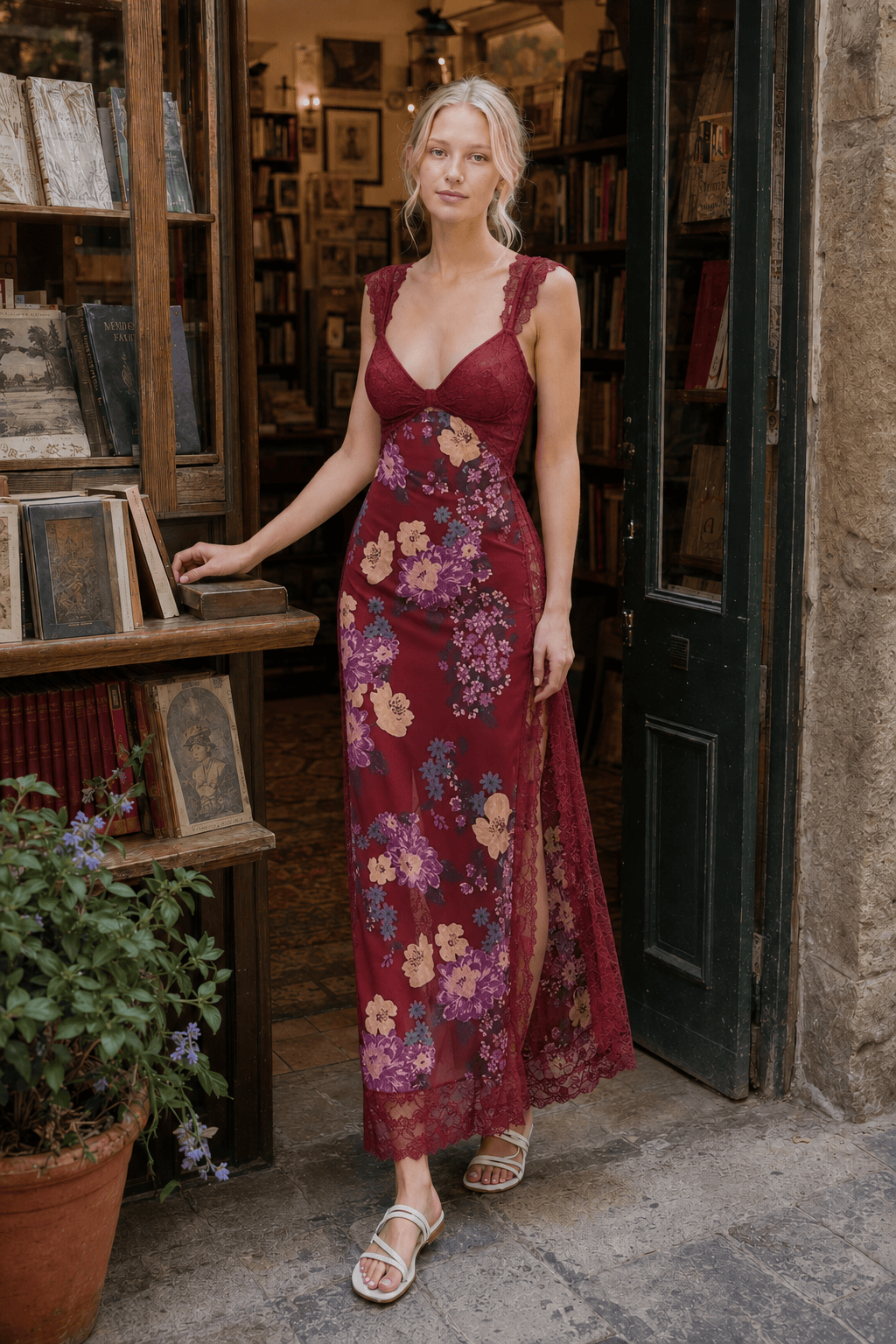 Floral Lace-Trim V-Neck Cut-Out Satin Maxi Dress