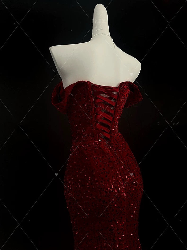 Classy Mermaid Sweetheart Red Slit Sequin Long Evening Gowns Prom Dress SD2766