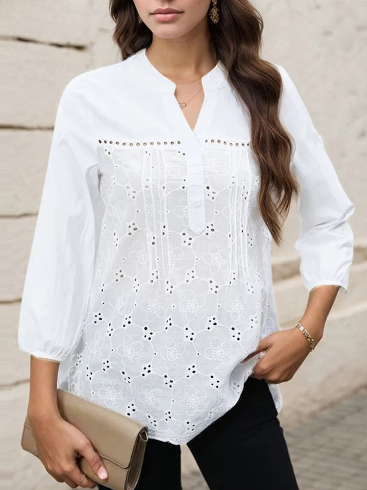 Pleated Lace Insert V-neck 3/4 Sleeve Blouse