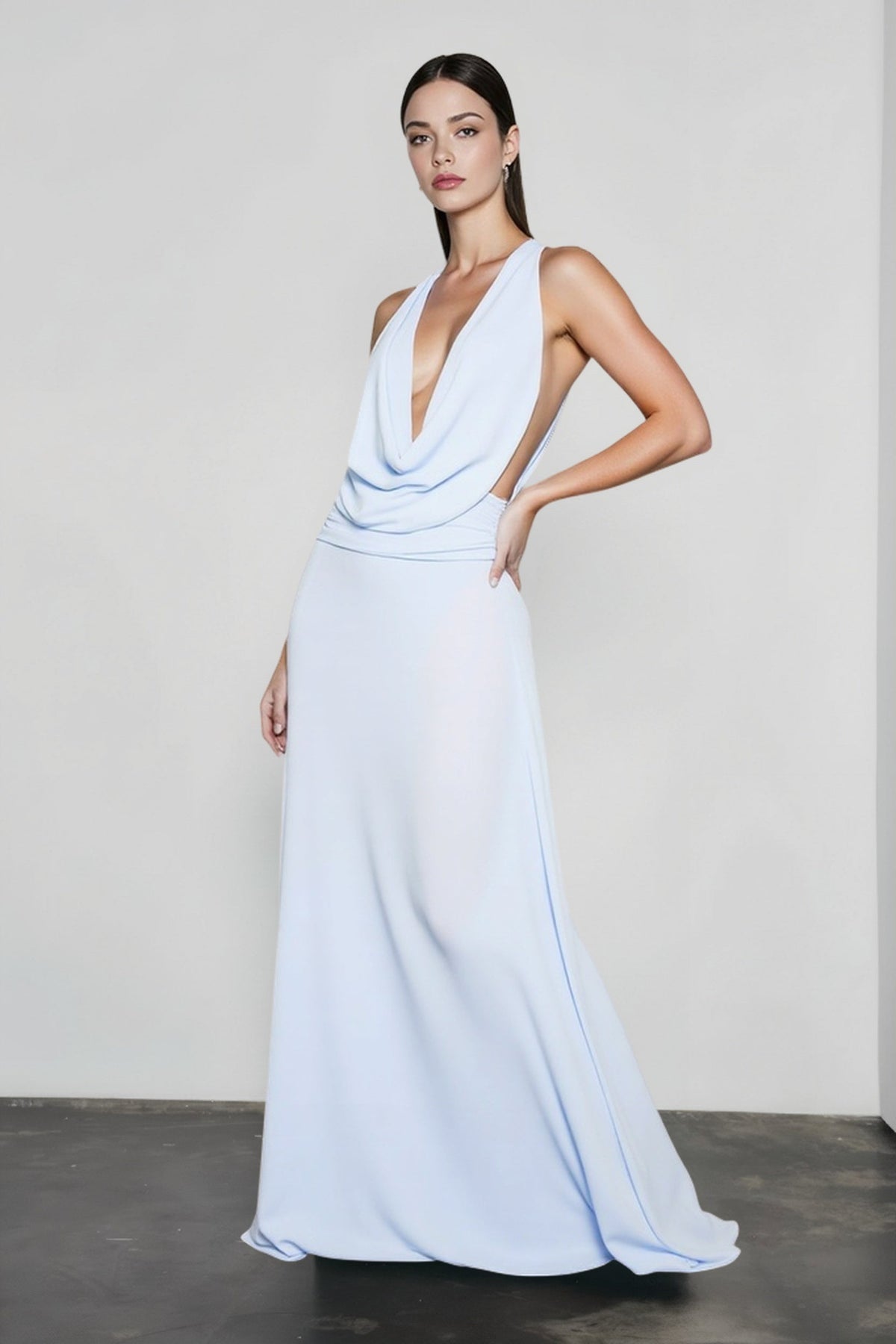 Ombre Print Halter Deep V-Neck Cowl Maxi Gown 11