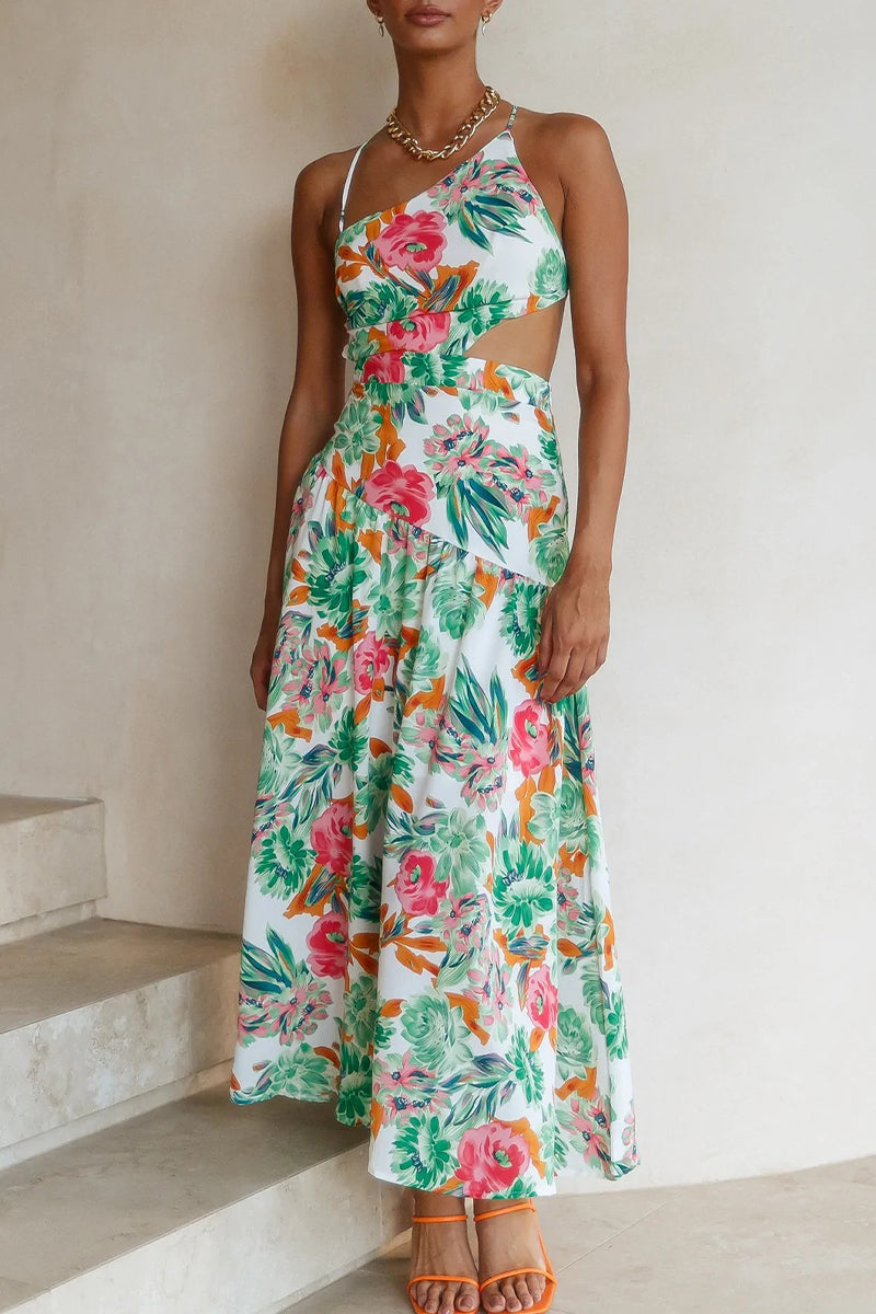 Floral Print One Shoulder Spaghetti Strap Side A-Line Midi Dress - View 2