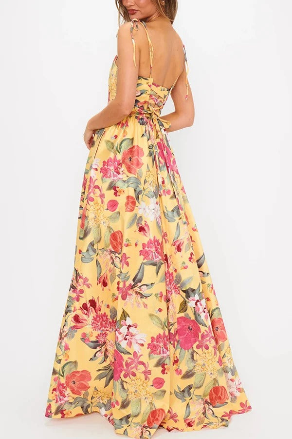 Garden Wedding Floral Print Back Tie-up Pocketed Slit Maxi Dress - Fashionpara