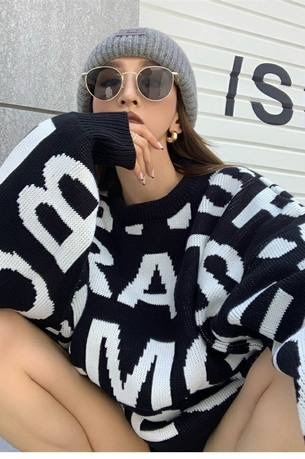 Jacquard Letter Knit Pullover Sweater