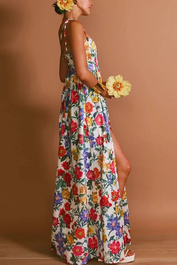 Garden Wedding Floral Print Back Tie-up Pocketed Slit Maxi Dress - Fashionpara