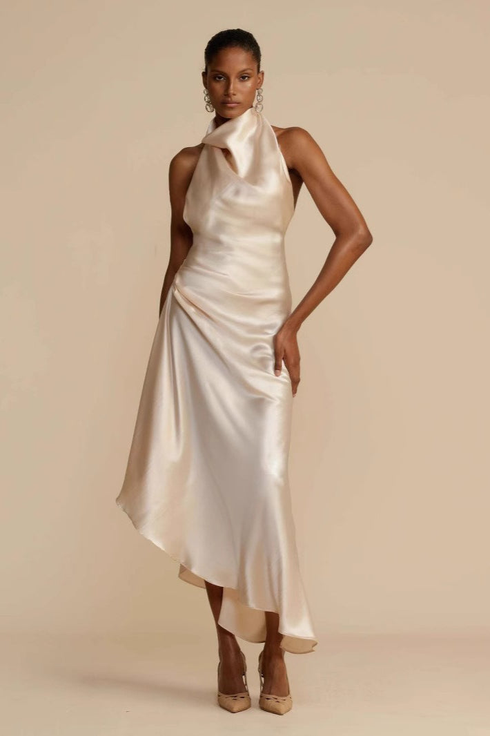 Satin Halter Neck Draped Asymmetric High Low Midi Dress