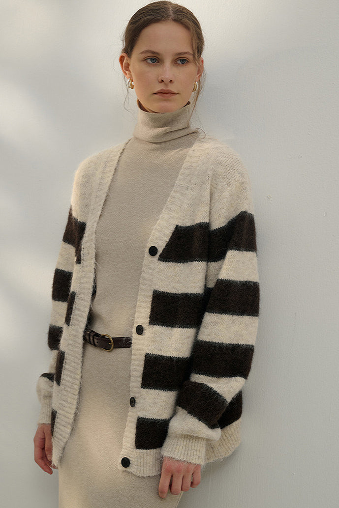 Stylish Oversized Stripe V Neck Knit Cardigan for Comfort