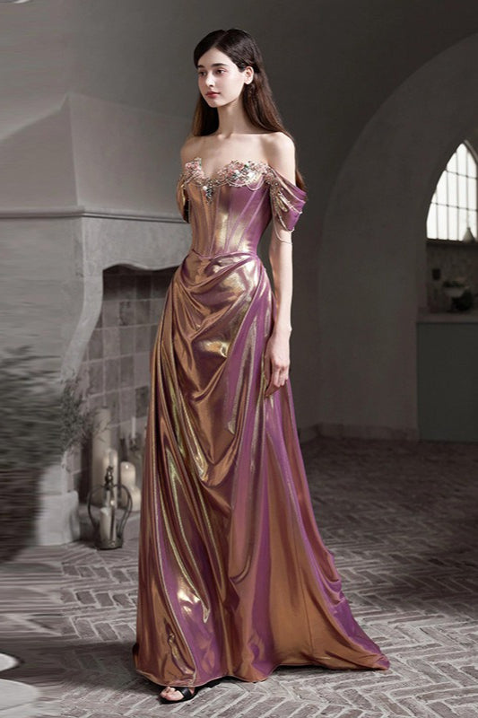 Off Shoulder Sweetheart Ruched High Split Mermaid Gown in Purple - View 4