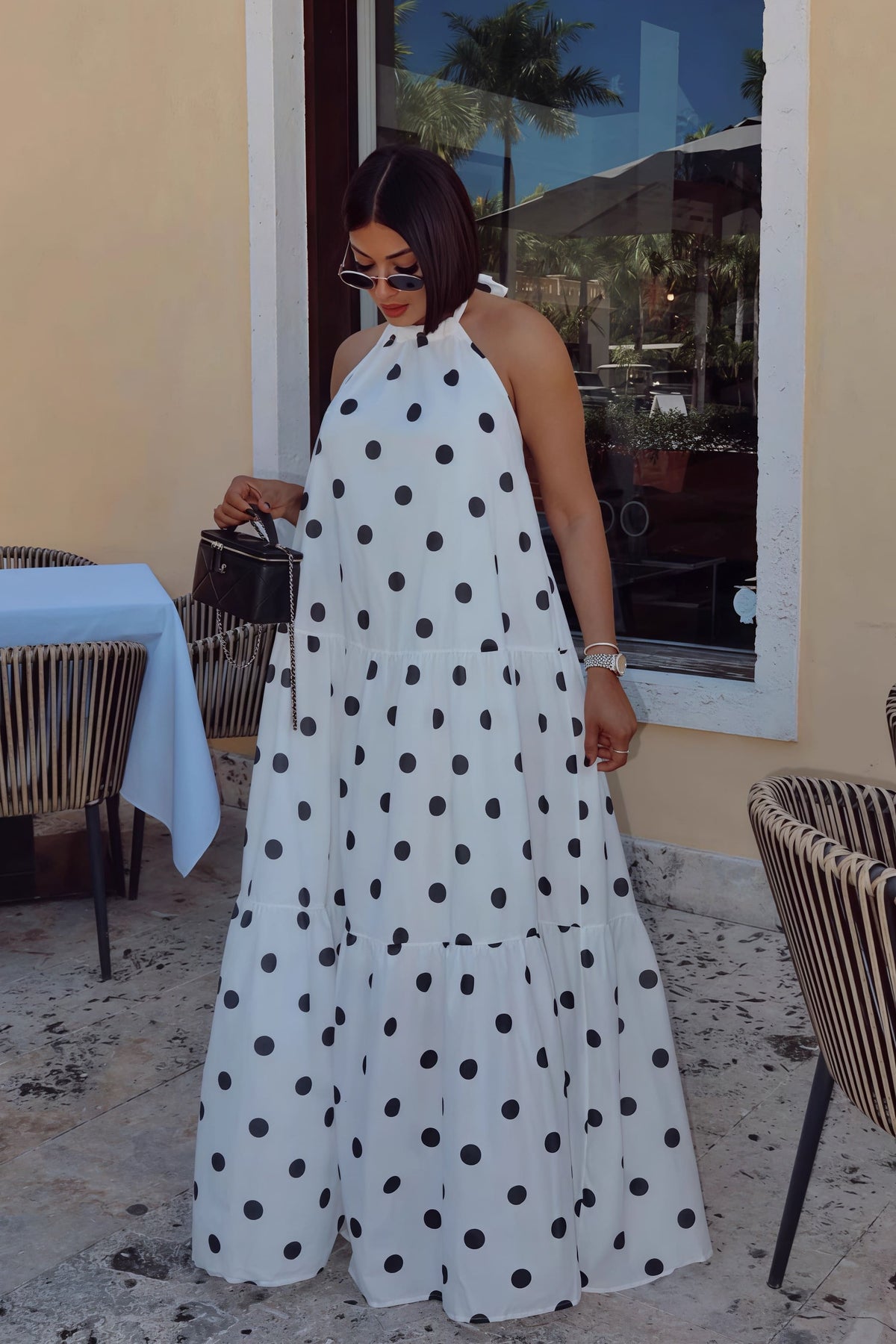 Polka Dot Halter Neck Open Back Tiered Maxi Dress 3