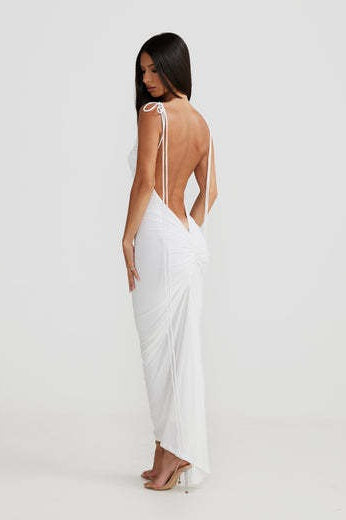 Cowl-Neck Spaghetti-Strap Lace-Up Fishtail Maxi Gown