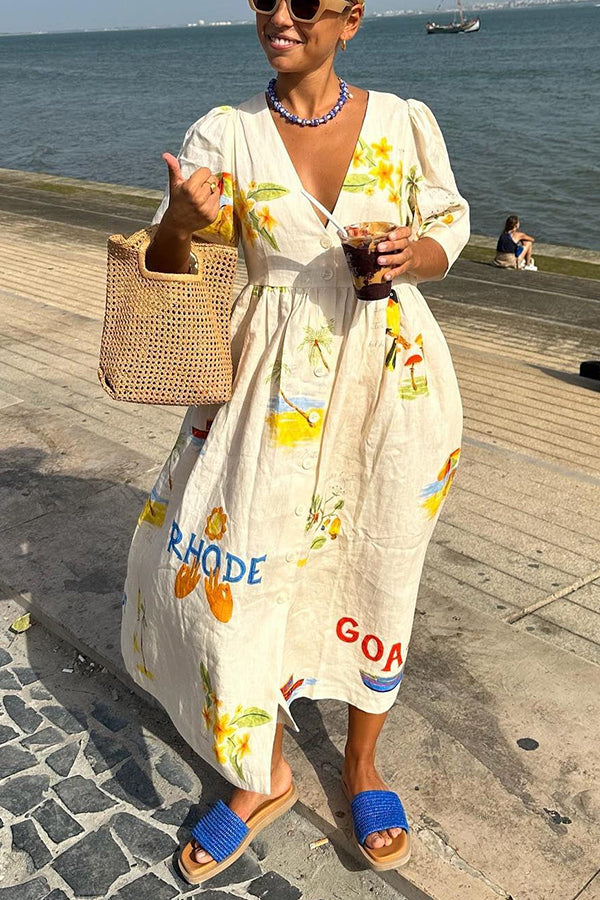 Puff Sleeve Deep V-Neck Button Front Tropical Print Midi Summer Dress