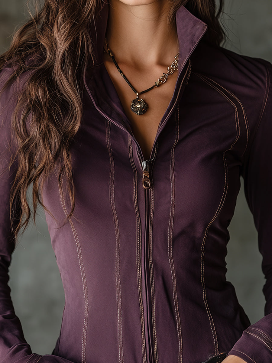 Vintage Washed Denim Stand Collar Front Zipper Slim Fit Blouse