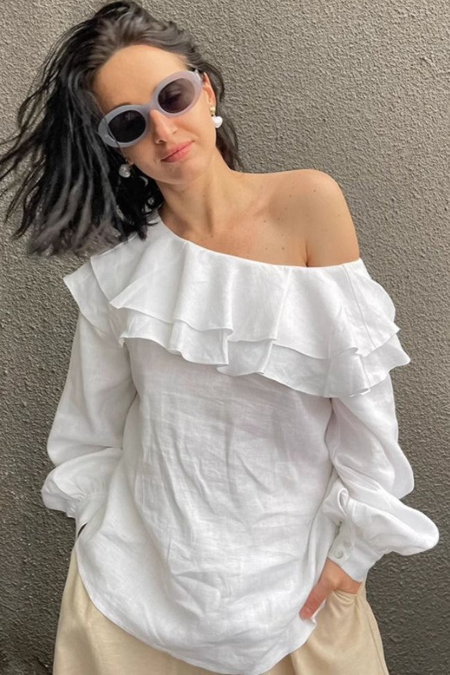 Slash Neck Ruffle Trim Blouse