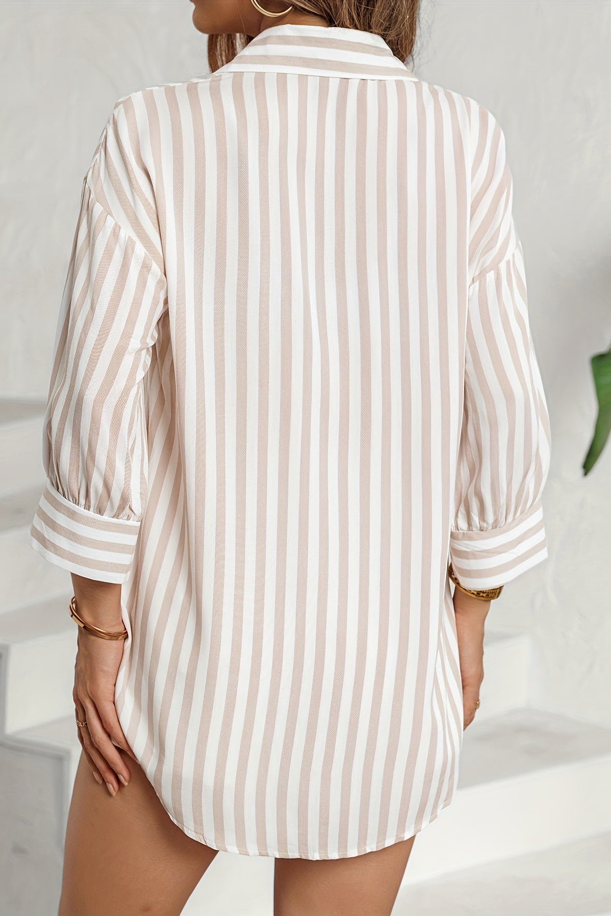 Striped Long Sleeve Pocket Button-Down Blouse - Fashionpara