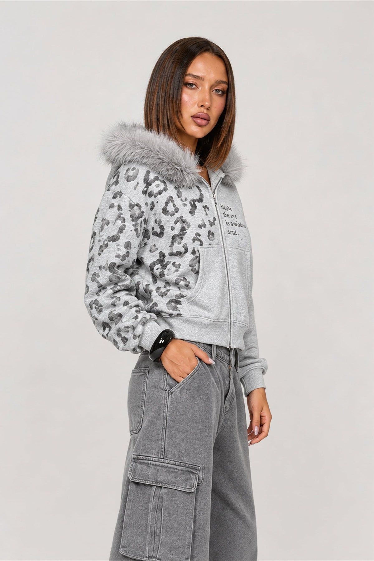 Faux Fur Leopard Panel Zip Front Hoodie