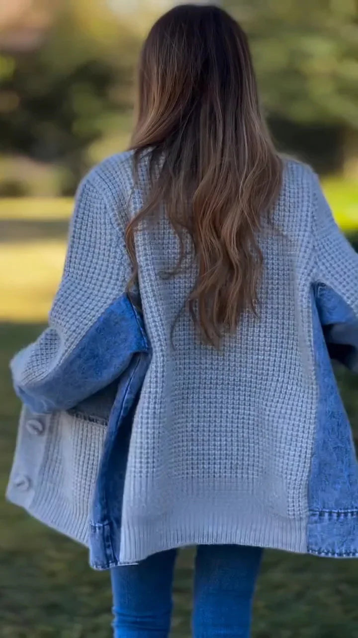 Stylish Denim Patchwork Knitted Loose Cardigan Jacket